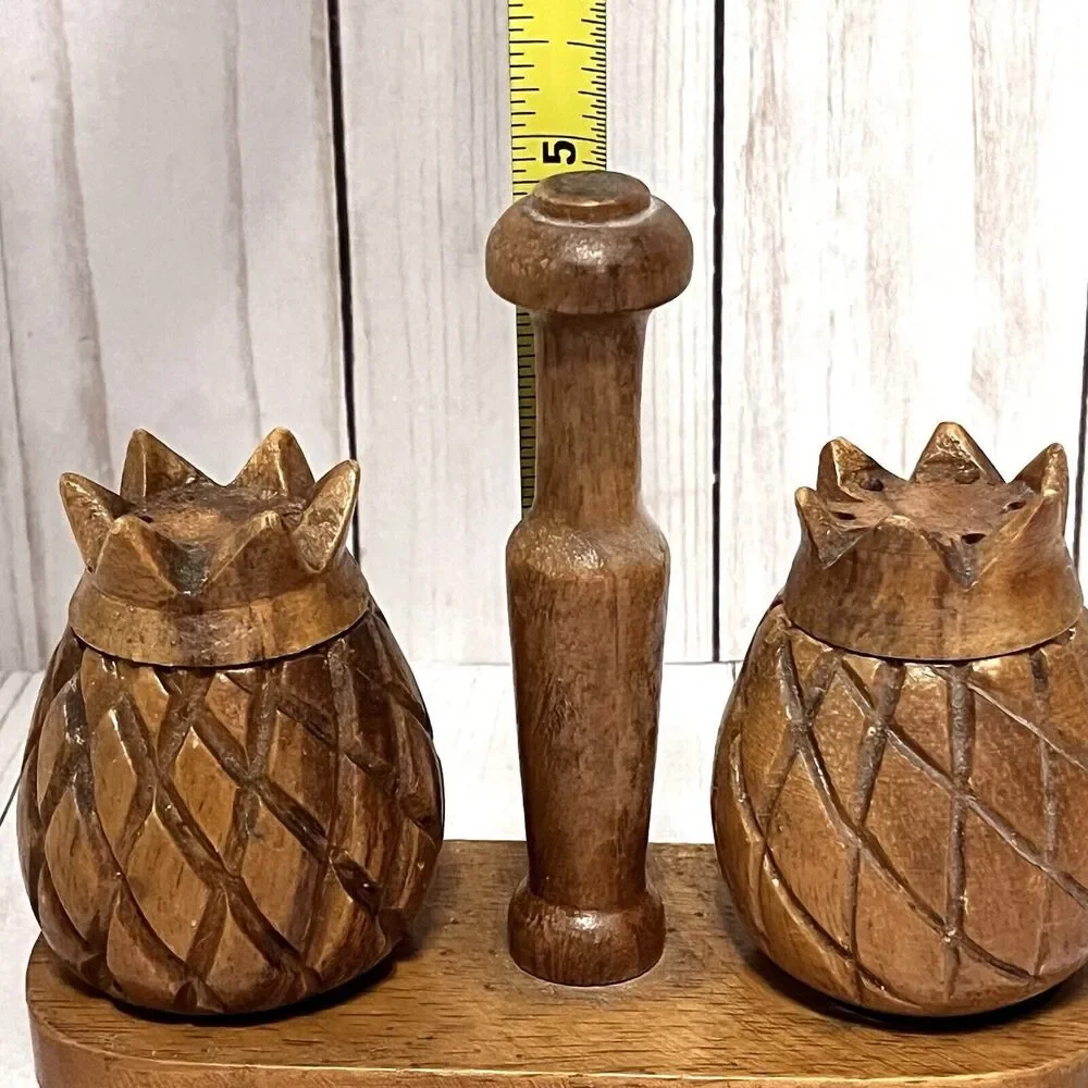 Monkey Pod Wood Pineapple Salt & Pepper Shakers Vintage Waikiki Woods Hawaii